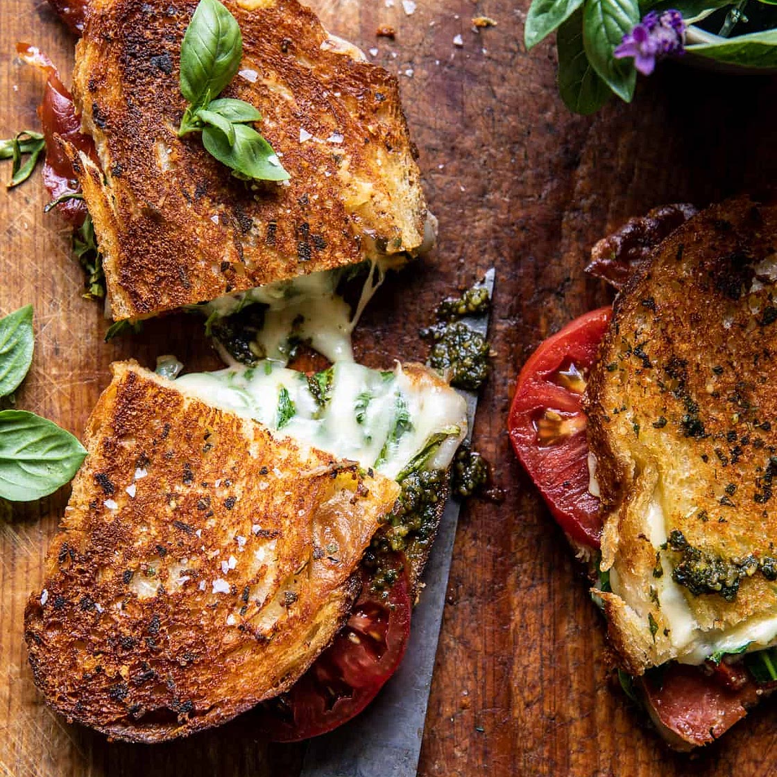 Crispy Prosciutto, Sage Pesto, and Tomato Grilled Cheese