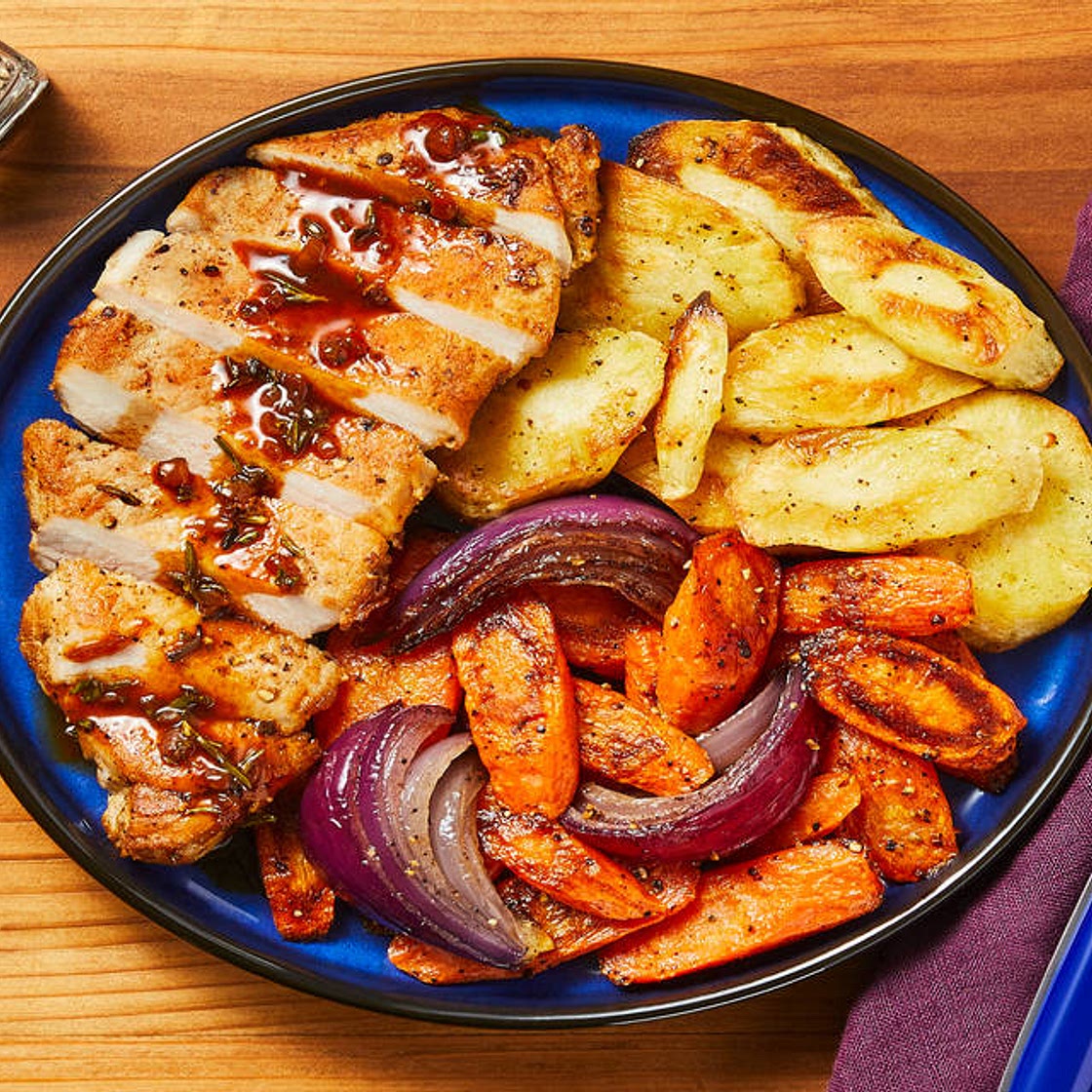 Rosemary Demi-Glace Pork Chops with Roasted Carrots & Parsnips