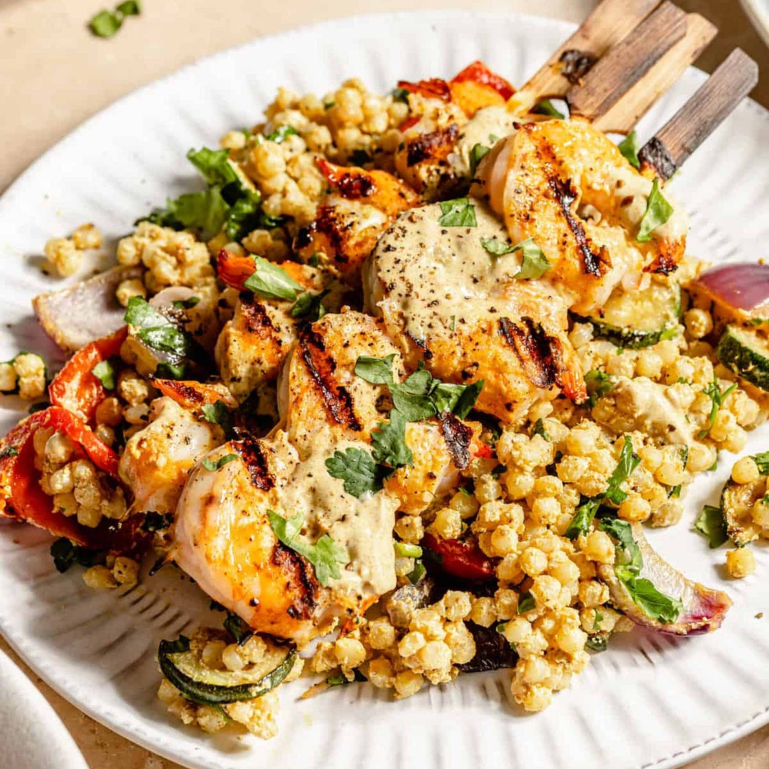 Spicy Curried Shrimp Skewers with Grilled Veggie Couscous