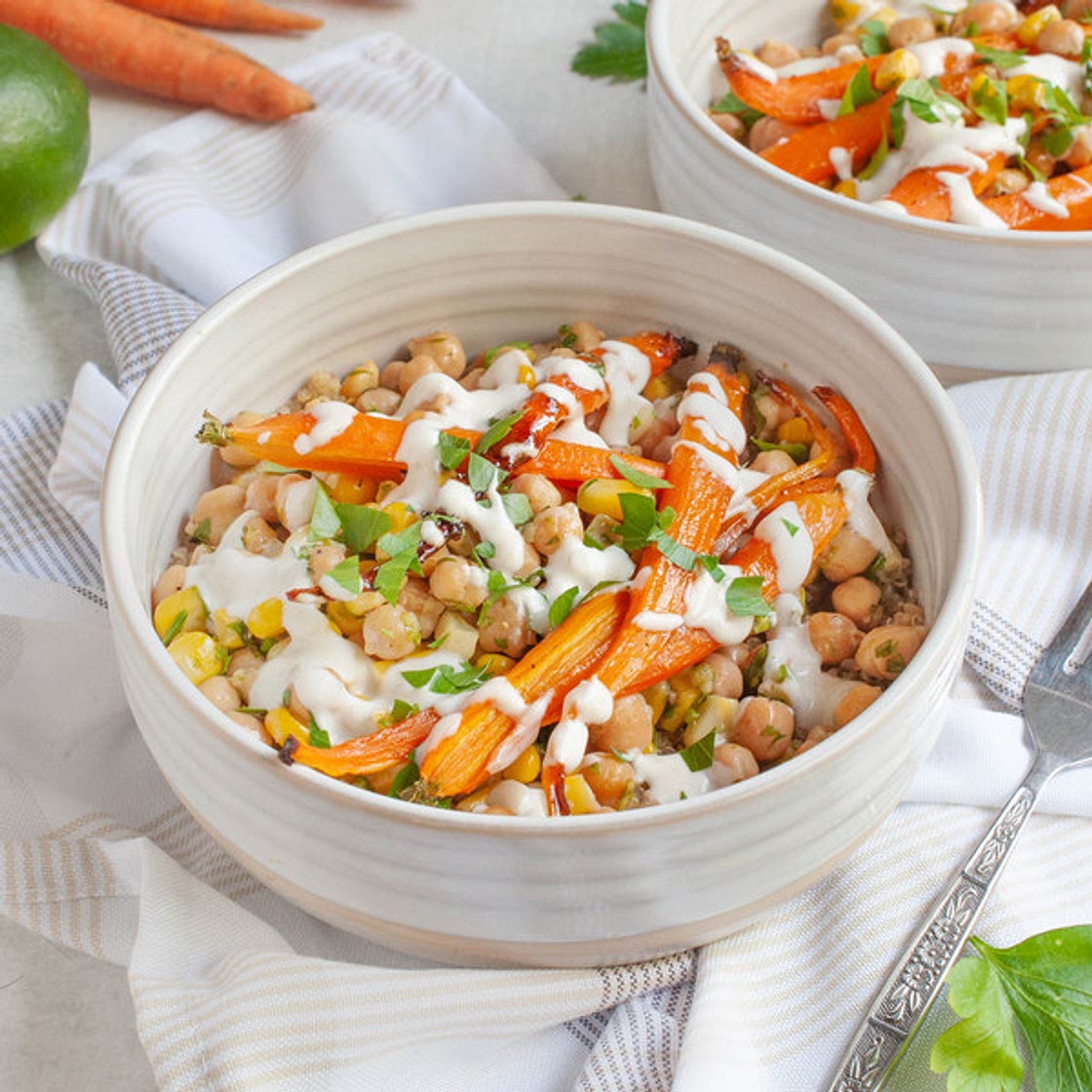 Quinoa Bowl with Roasted Carrots, Garlic-Lime Chickpeas & Cumin Yogurt