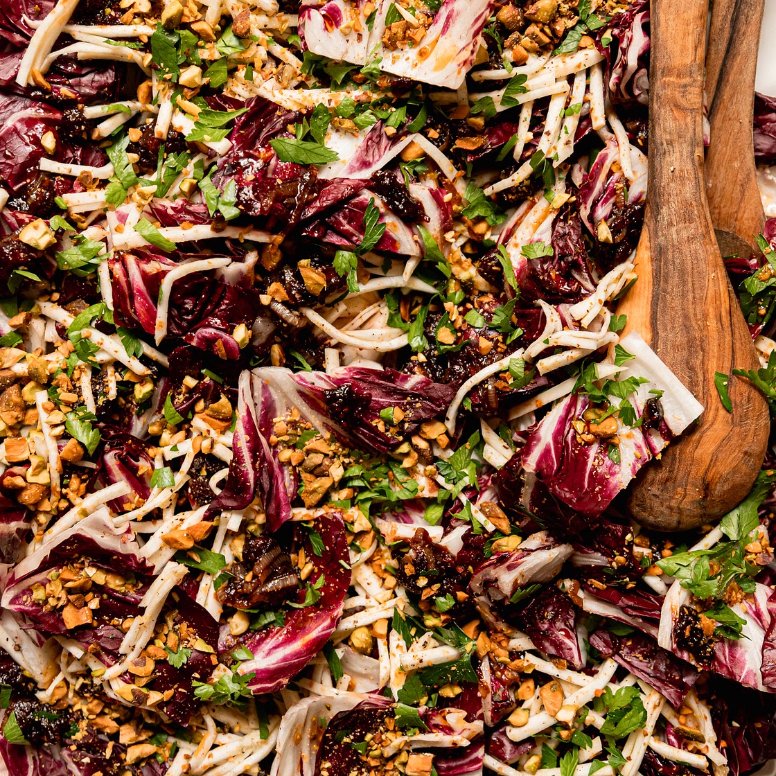 Celery Root Radicchio Salad with Warm Date Dressing & Pistachios