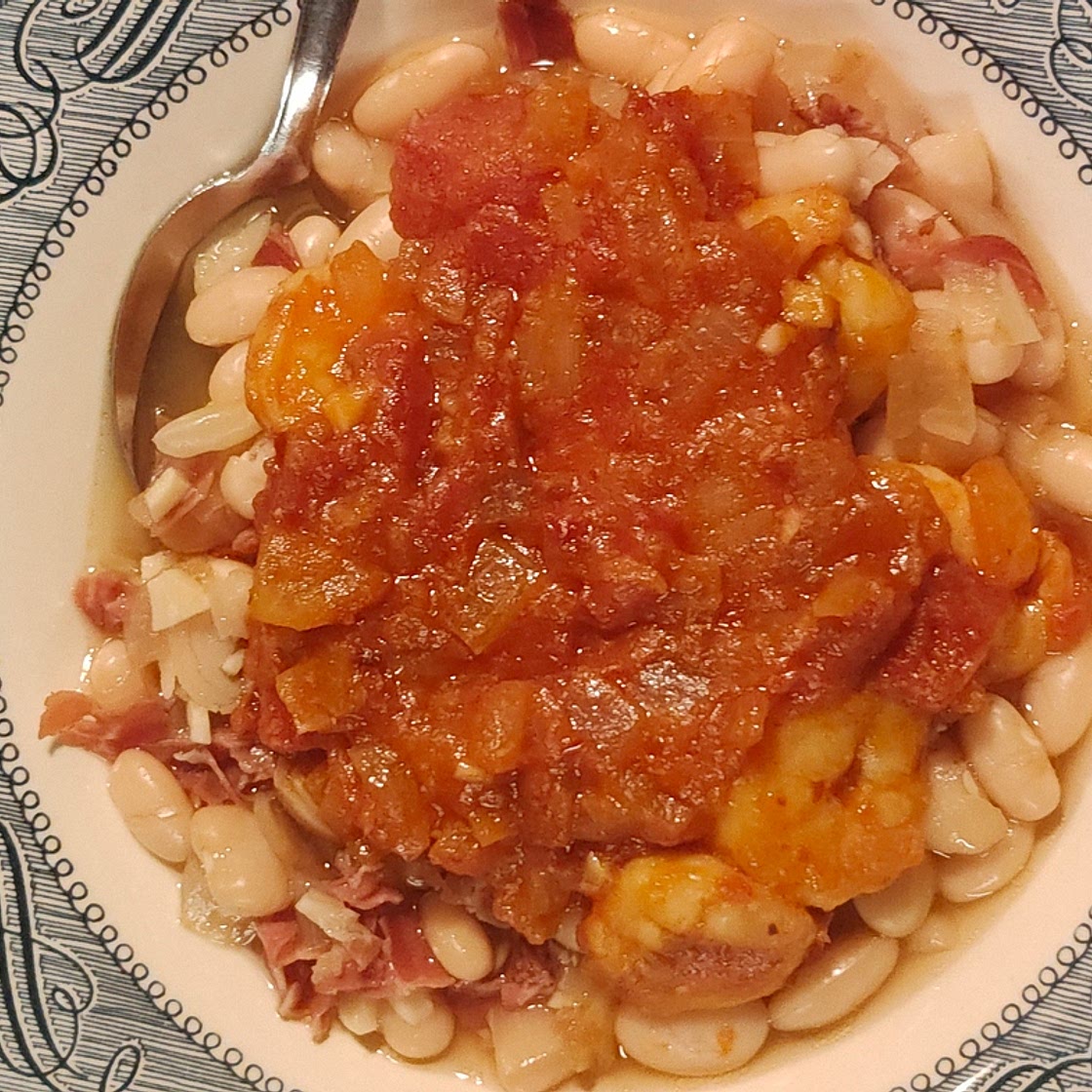 Catalan Soup of White Beans Garnished with Shrimp