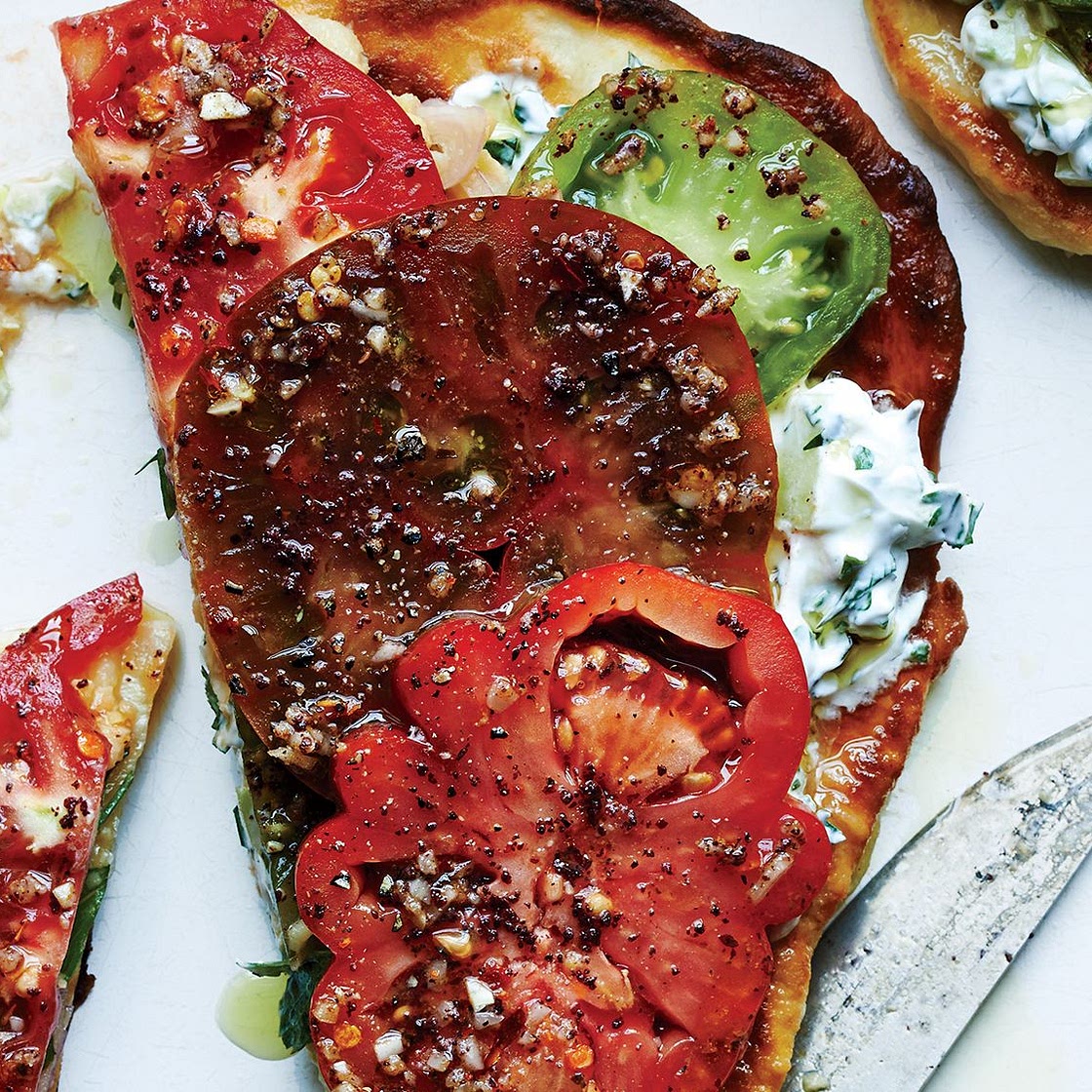 Falafel-Spiced Tomatoes and Chickpeas on Flatbread