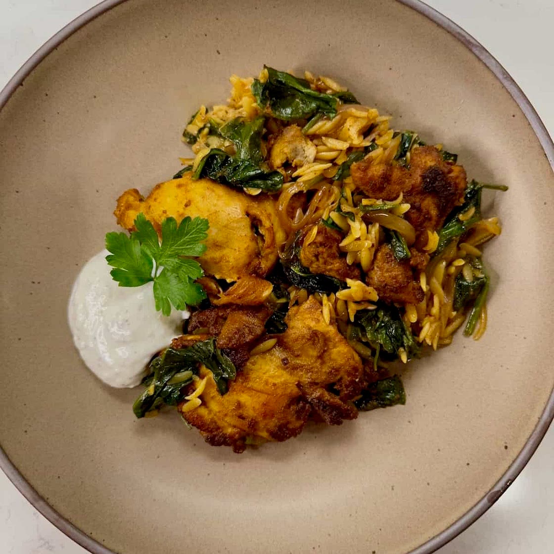 Chicken Shawarma Orzo with Yogurt Sauce