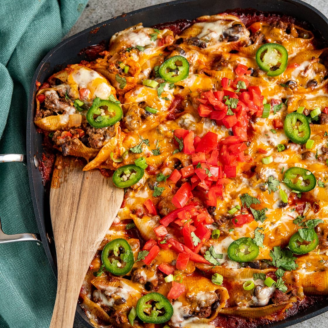 Cheesy Beef Enchilada Stuffed Pasta Shells