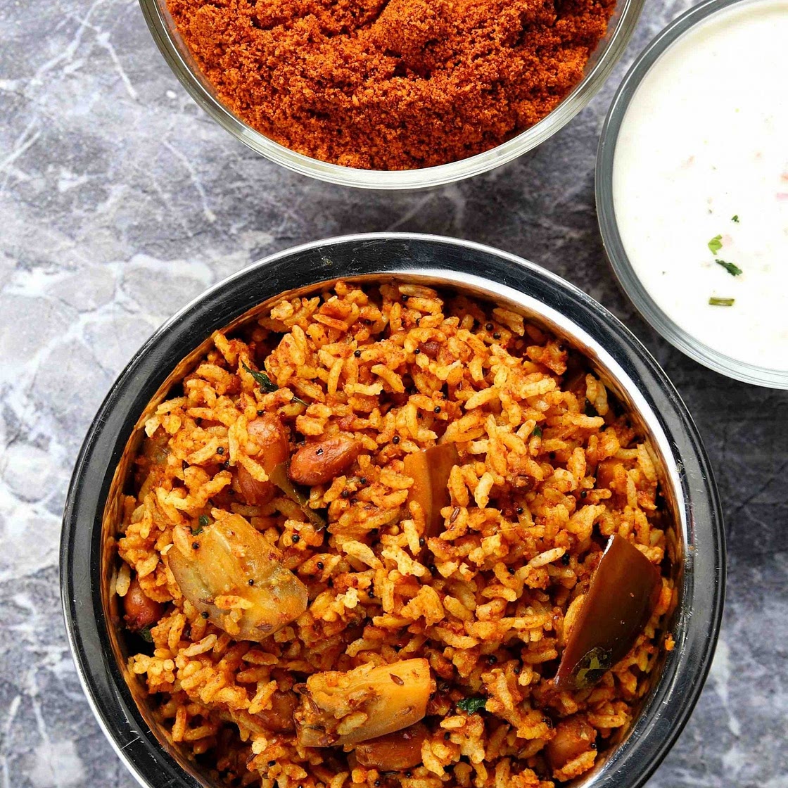 vangi bath recipe | brinjal rice recipe | how to make vangi bath powder