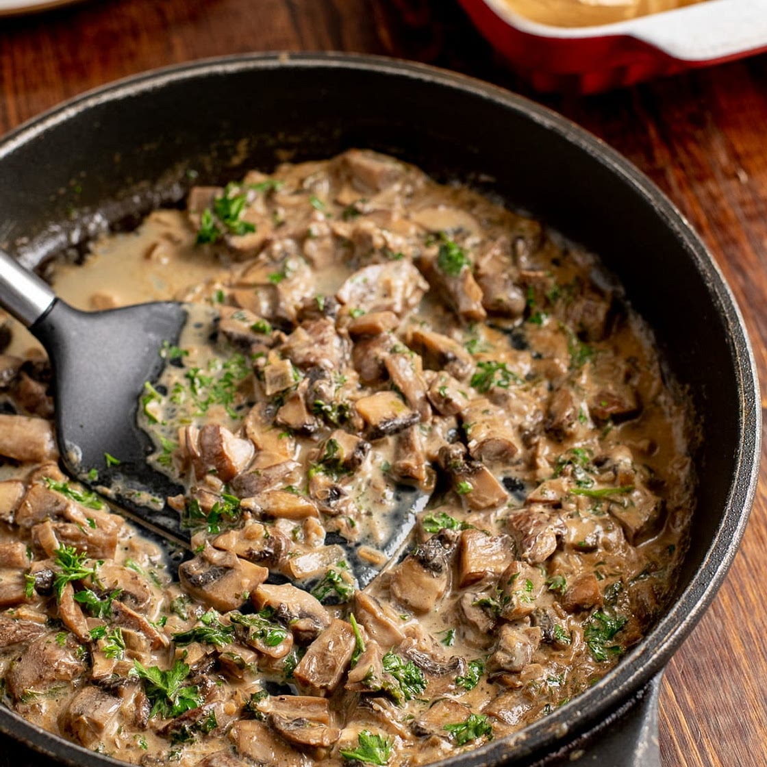Creamy Garlic Mushrooms with Roasted Jacket Potatoes