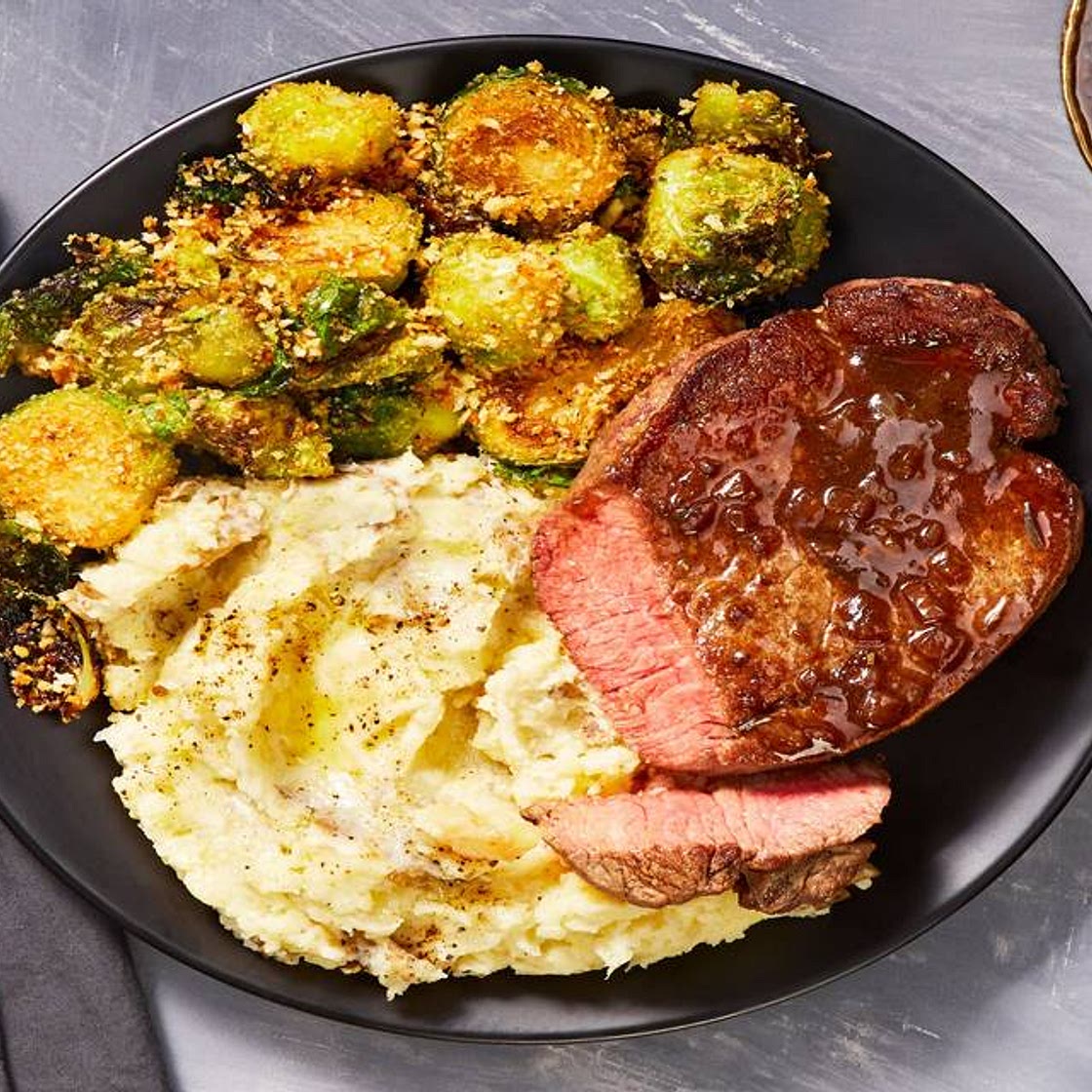 Balsamic-and-Fig Beef Tenderloin with Garlic Mashed Potatoes and Rosemary Breadcrumb Brussels Sprouts