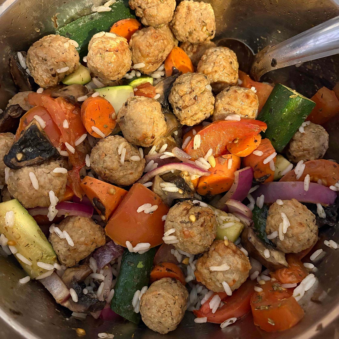 Greek Meatballs with Lemon Goodles + Roasted Veggies & Tomatoes