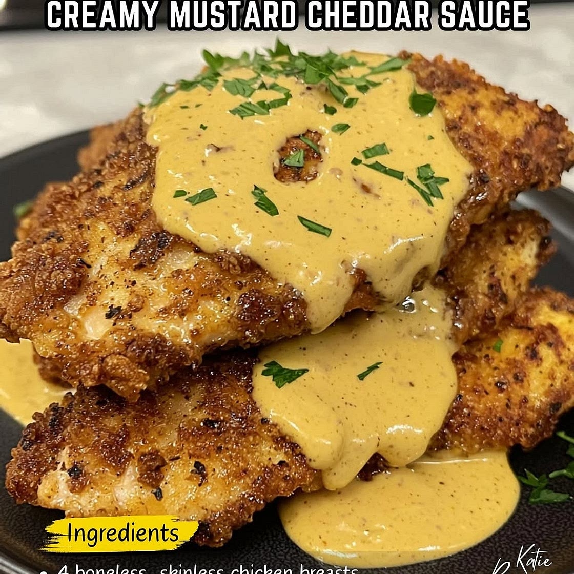 Pretzel-Crusted Chicken with Creamy Mustard Cheddar Sauce