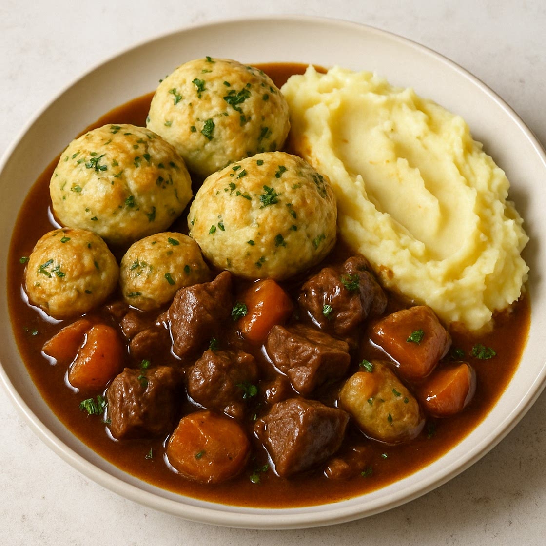 Beef Stew with Herby Dumplings & Mashed Potatoes