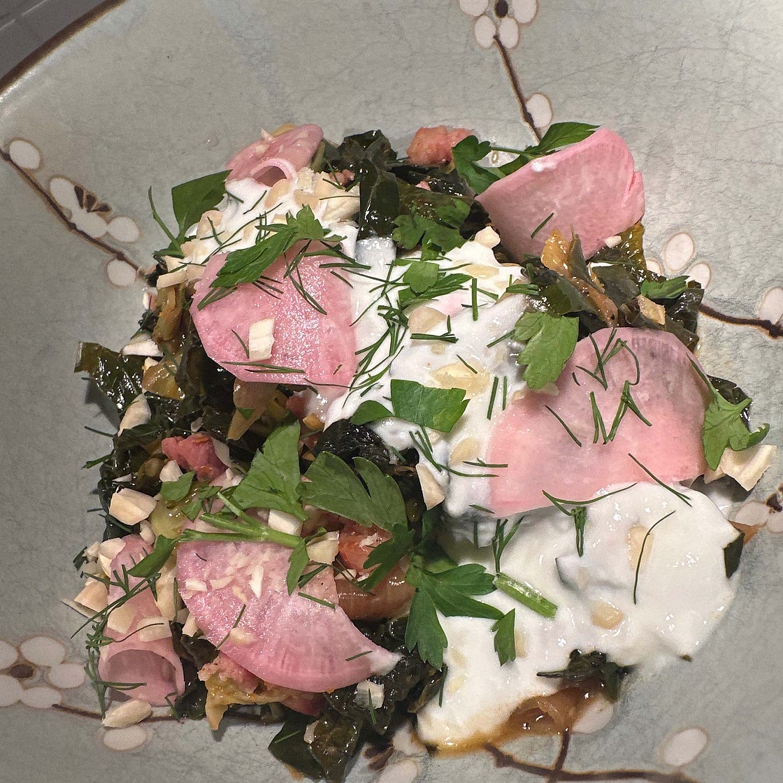 Brussels Sprouts & Cavolo Nero with Bacon, Harissa, Yoghurt and Pickled Autumn Radish