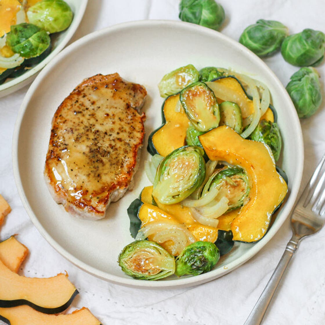 Maple-Dijon Pork Chops with Acorn Squash & Brussels Sprouts