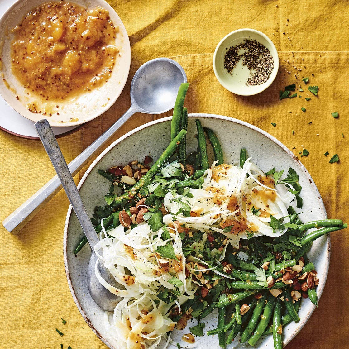 sperziebonen-venkelsalade met perzikmostarda