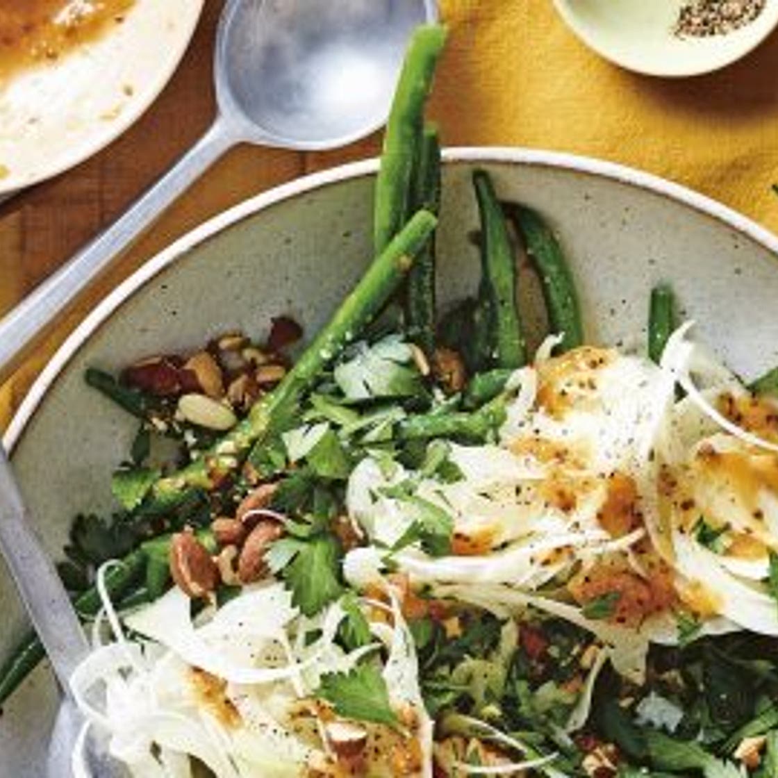 sperziebonen-venkelsalade met perzikmostarda