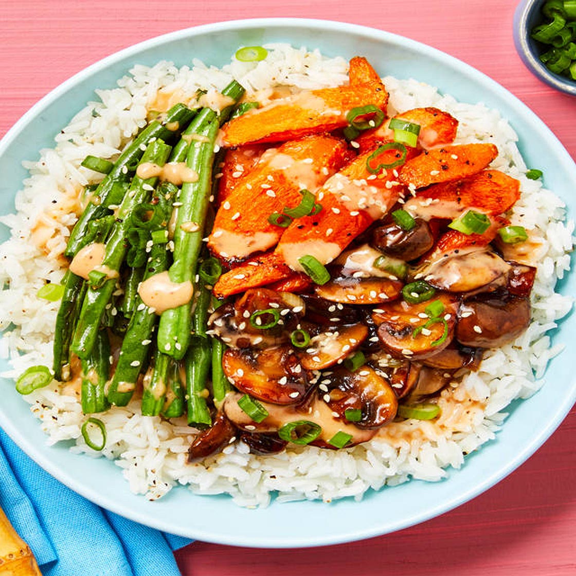 Vegan Firecracker Mushroom Rice Bowls with Roasted Veggies, Scallions & Sesame Seeds