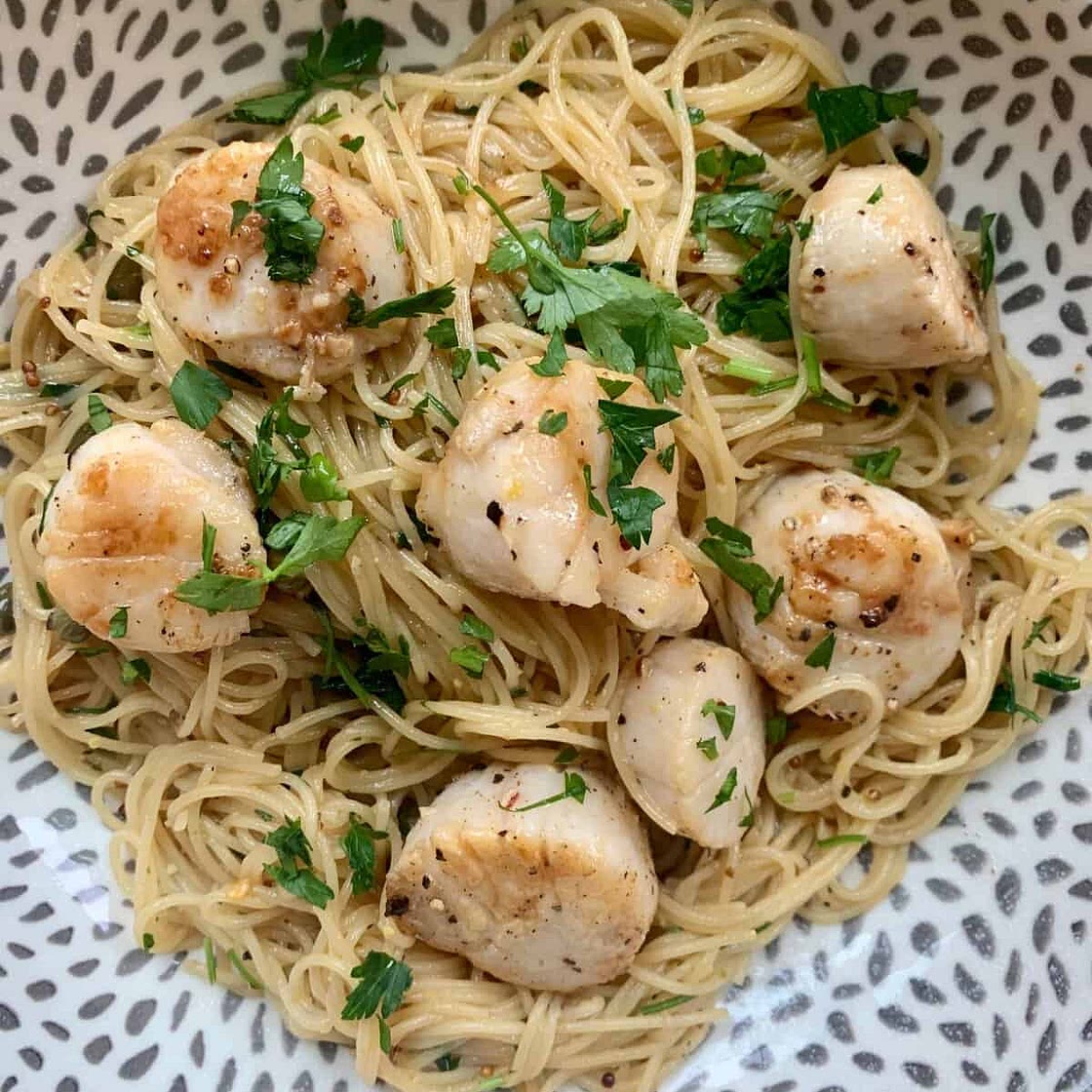 Lemon Caper Pasta and Seared Scallops
