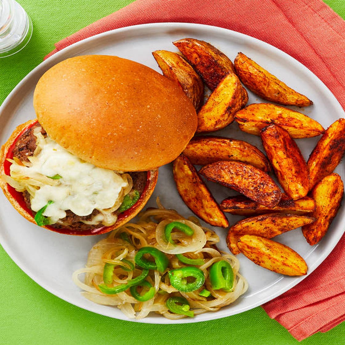 Smothered Pepper Jack Burgers with Spicy Ketchup & BBQ Potato Wedges