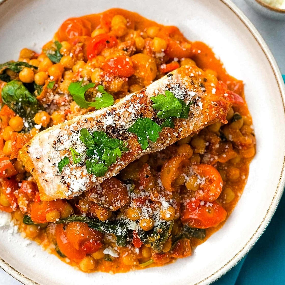 One Pan Creamy Chickpea and Tomato Salmon Recipe