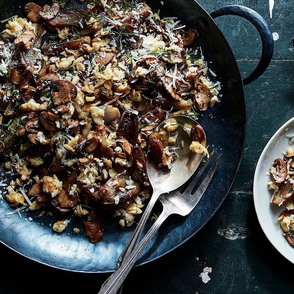 Browned Crispy Spaetzle with Caramelized Shallots and Mushrooms