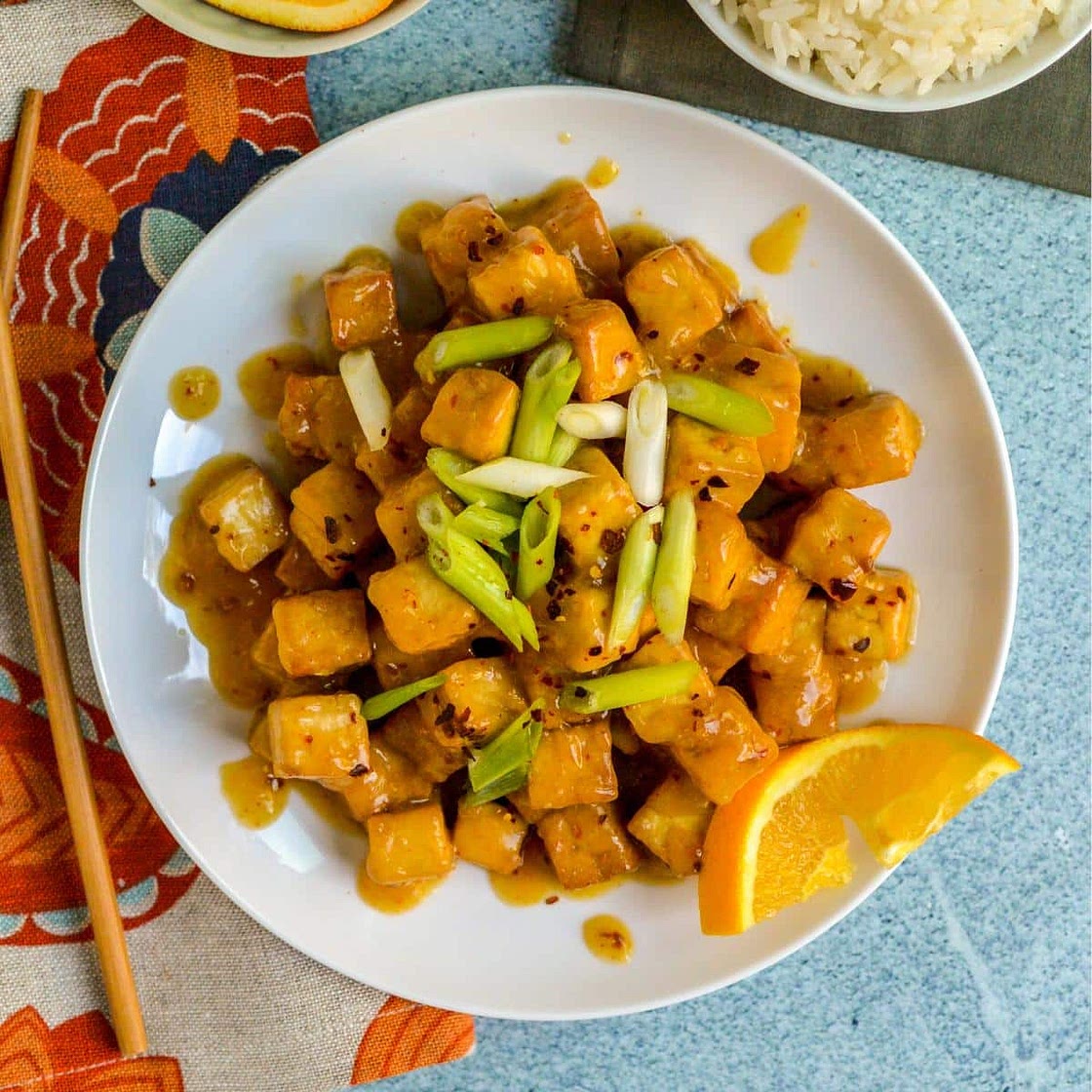 Sweet and Spicy Orange Tofu (Air Fried or Baked without Oil)