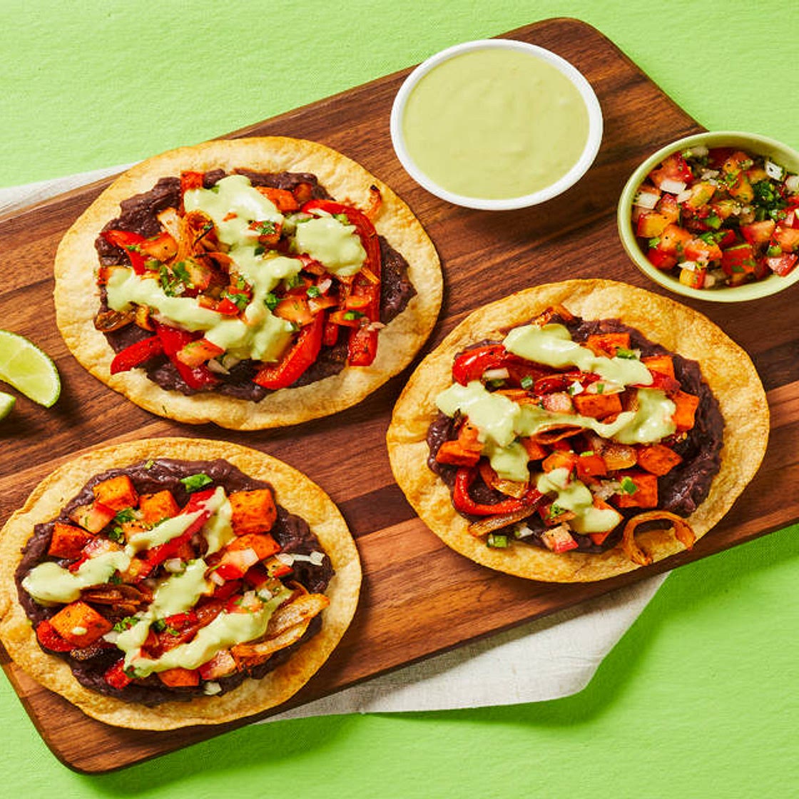 Vegan Sweet Potato & Black Bean Tostadas with Bell Pepper, Salsa & Creamy Guacamole