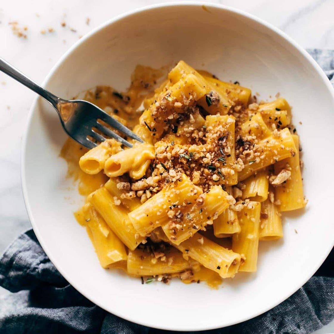 Pumpkin Rigatoni with Rosemary Walnut Crispies