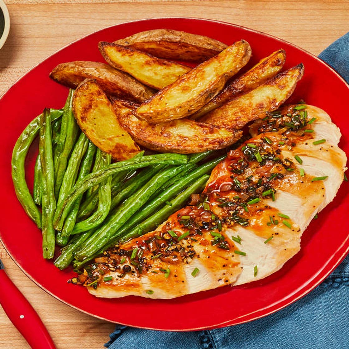 Chicken au Poivre with Roasted Potatoes & Green Beans