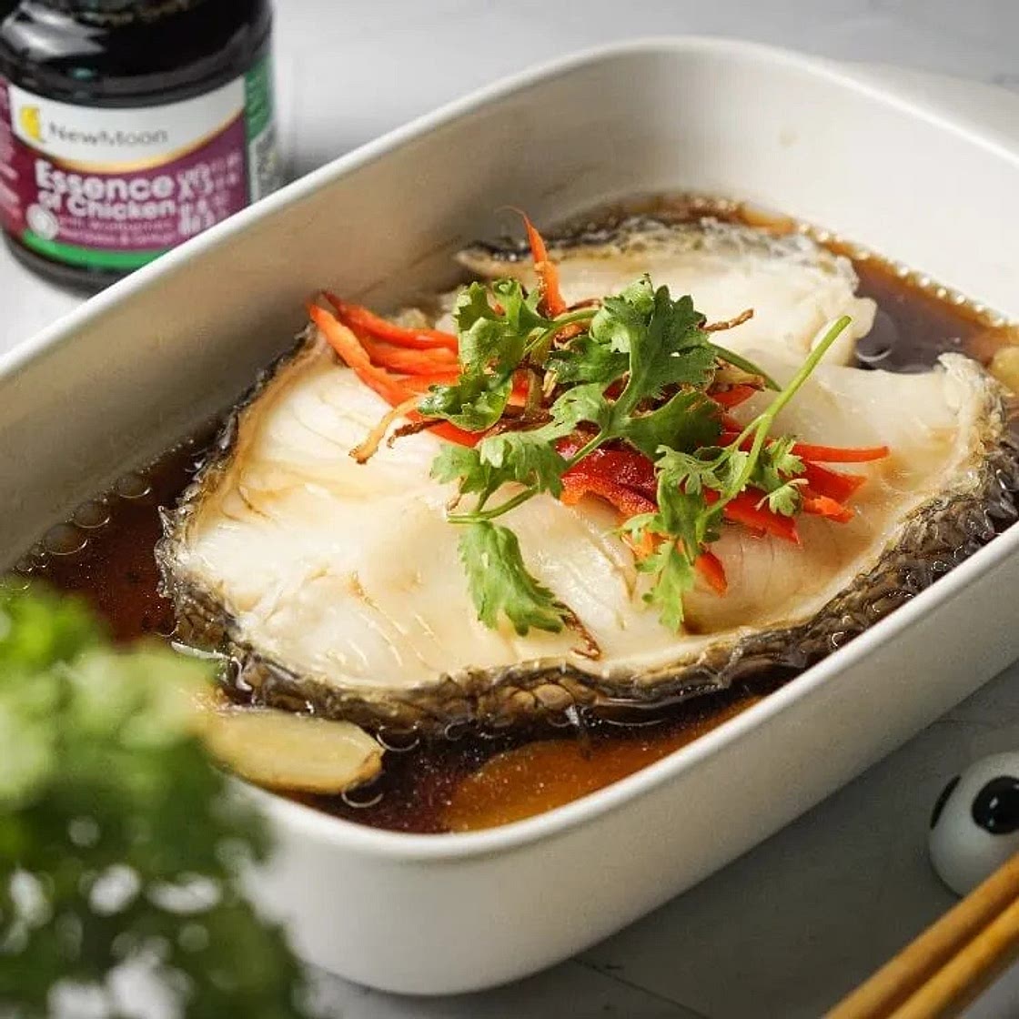 Steamed Cod Fish with Essence of Chicken in 15 Minutes (15分钟鸡精蒸鳕鱼)
