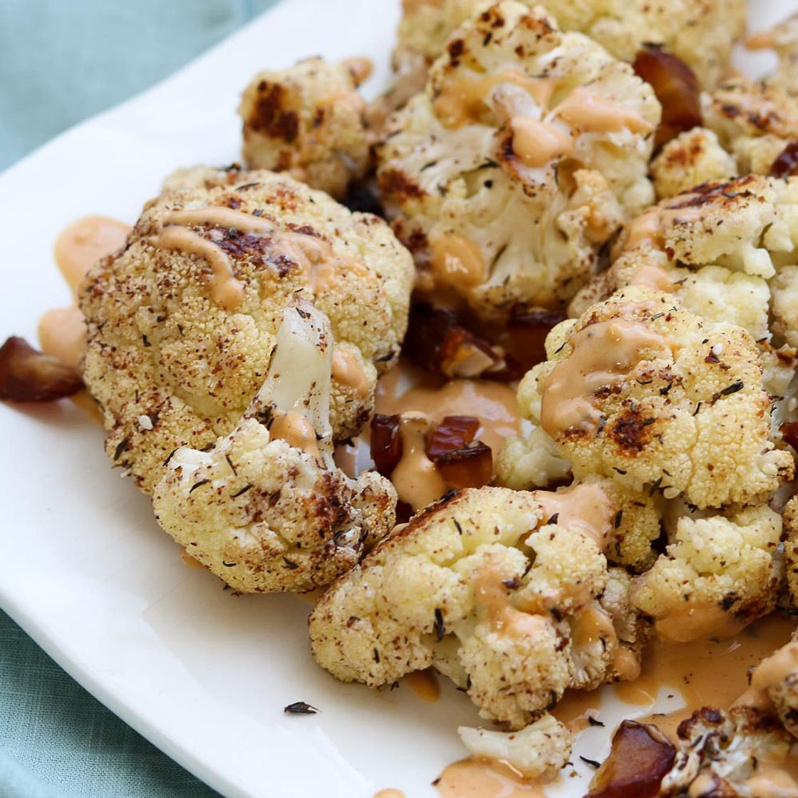 Roasted Za'atar Cauliflower with Golden Tahini Harissa Sauce