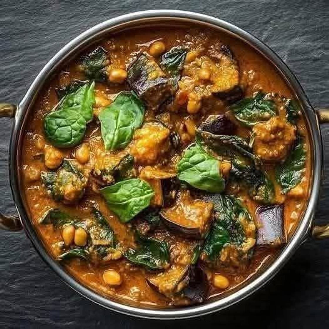 Aubergine, peanut and spinach curry