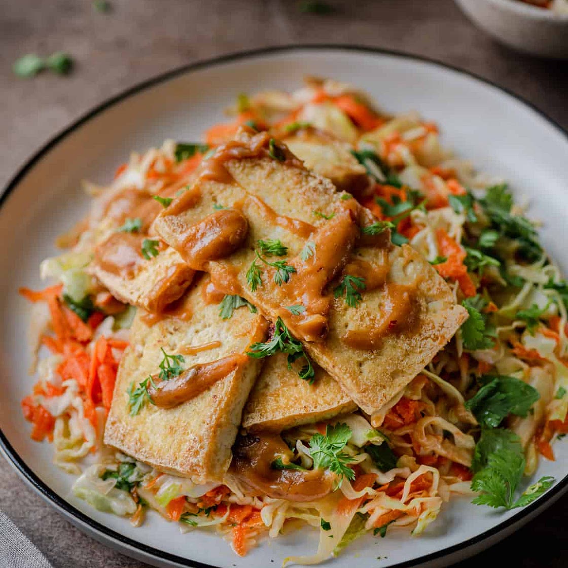 Crispy Tofu with Peanut Sauce and Cabbage Slaw
