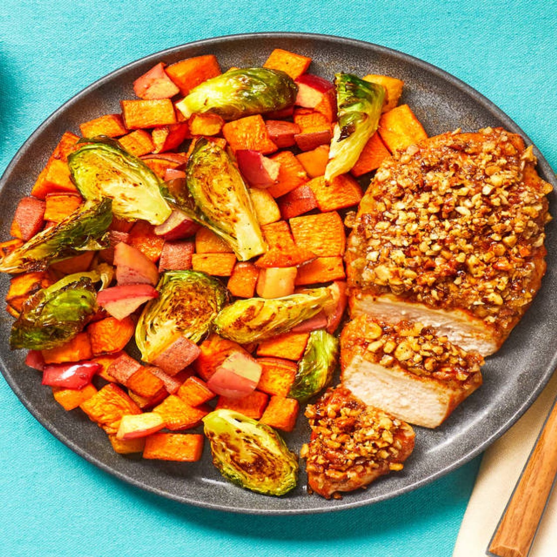 Pecan & Walnut-Crusted Chicken with BBQ-Spiced Sweet Potato, Brussels Sprouts & Apple