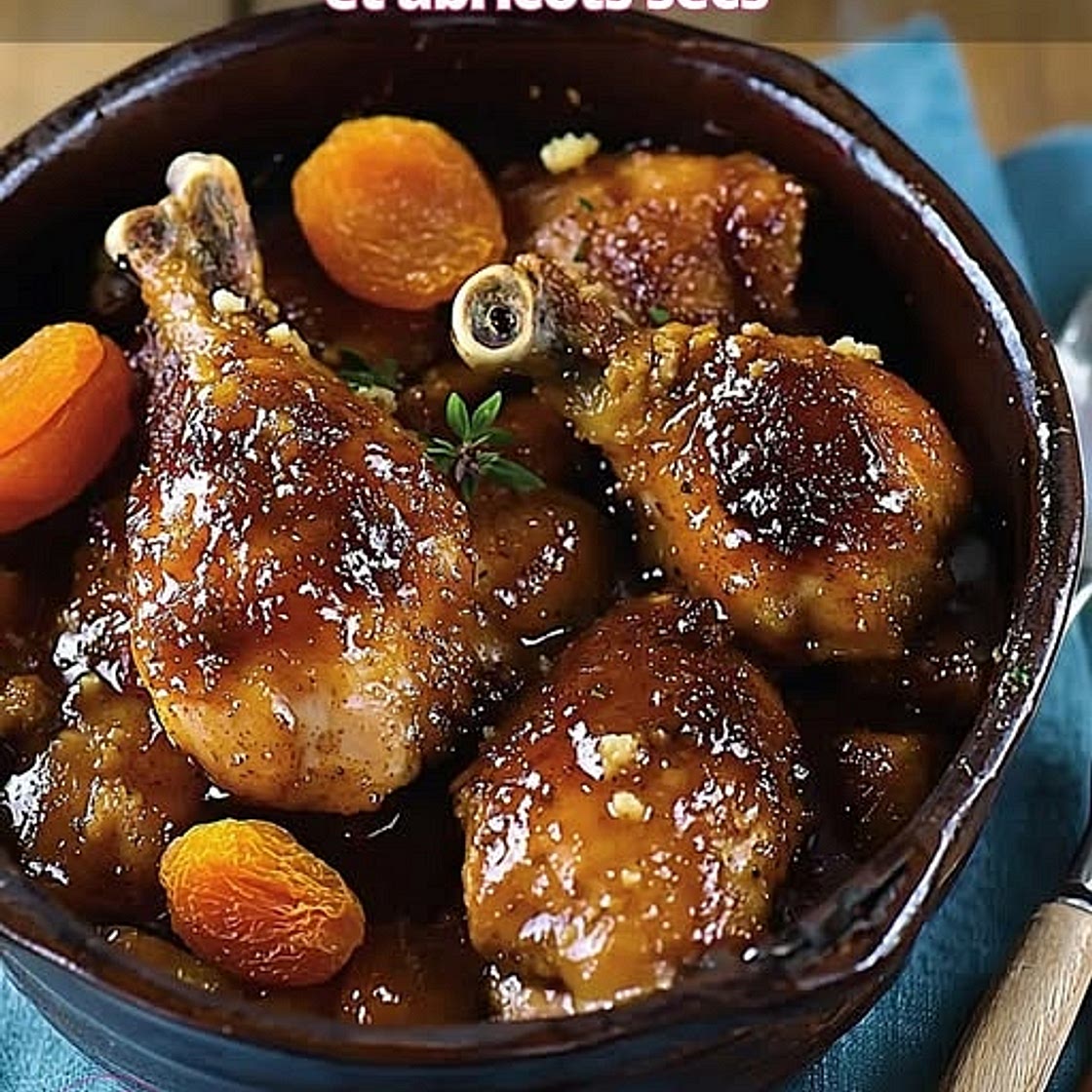 Poulet mijoté au miel, pain d'épices et abricots secs