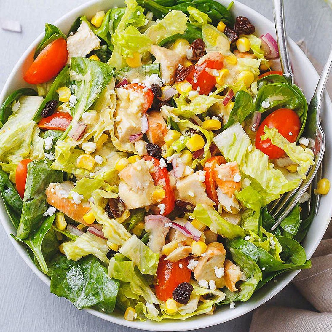 Healthy Chicken Pasta Salad with Avocado, Tomato, and Basil ﻿