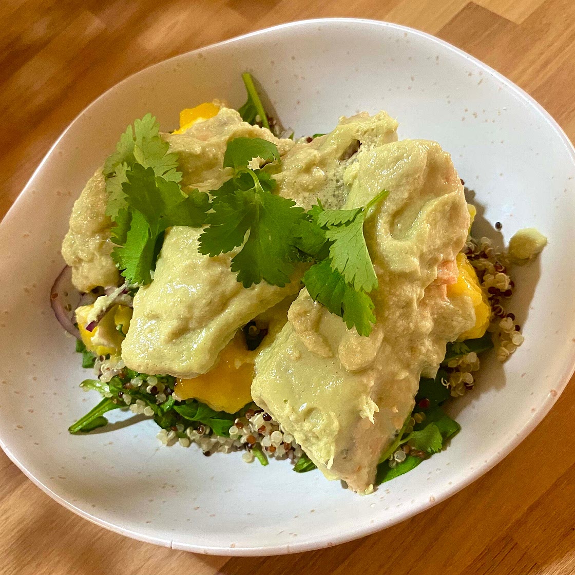 Aromatic poached chicken with quinoa mango salad