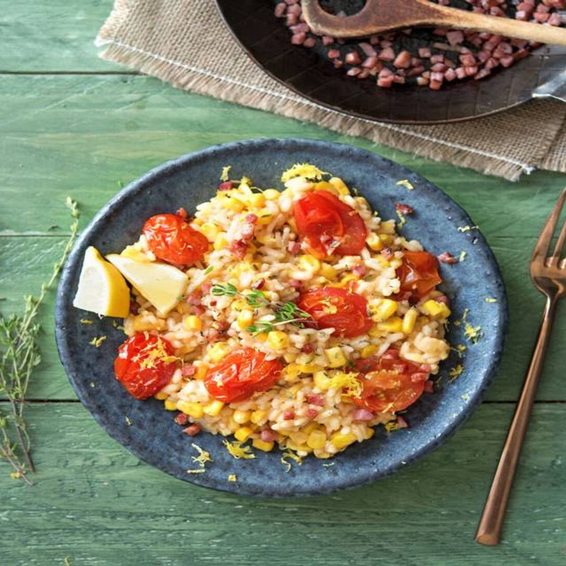 Oven-Baked Corn and Tomato Risotto with Pancetta and Parmesan