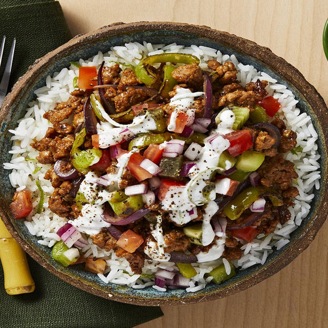 Teriyaki Pork Luau Bowls with Kiwi Salsa & Lime Crema