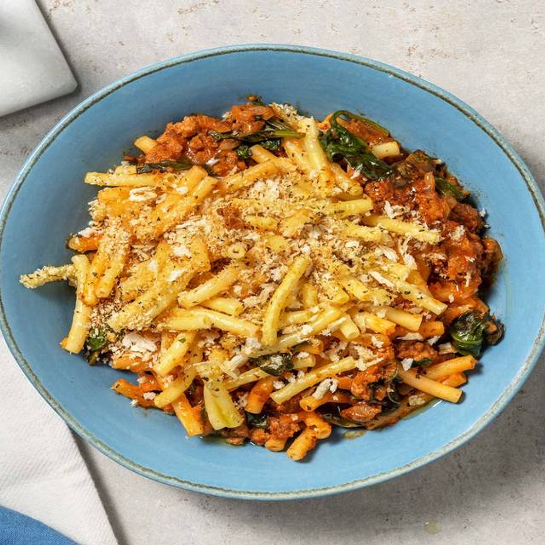 Lamb Pastitsio Style Pasta with Oregano, Spinach and Creme Fraiche