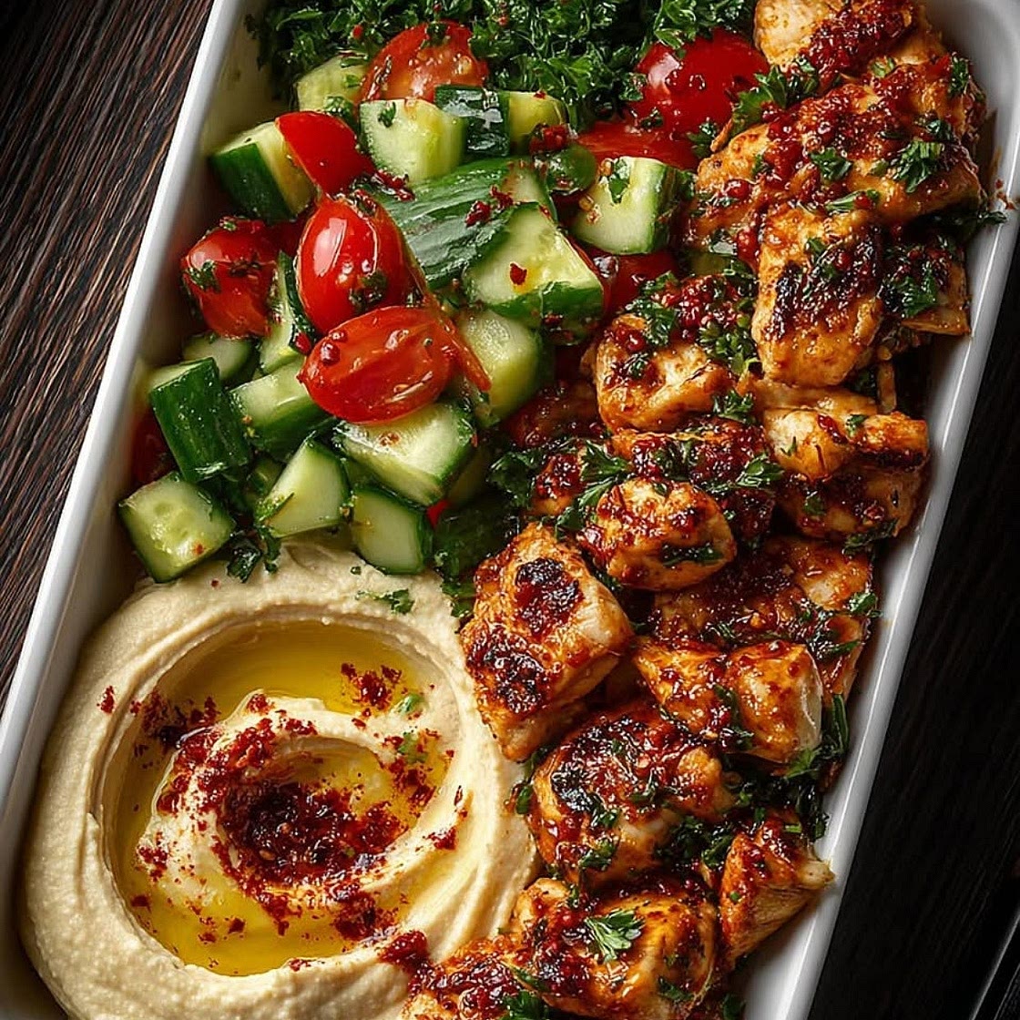 Spicy Garlic Chicken Bowl with Hummus & Cucumber Salad 