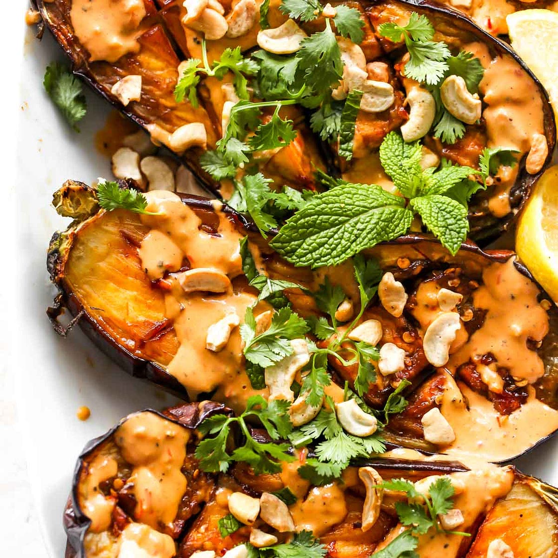 Roasted Eggplant with Harissa-Tahini Sauce