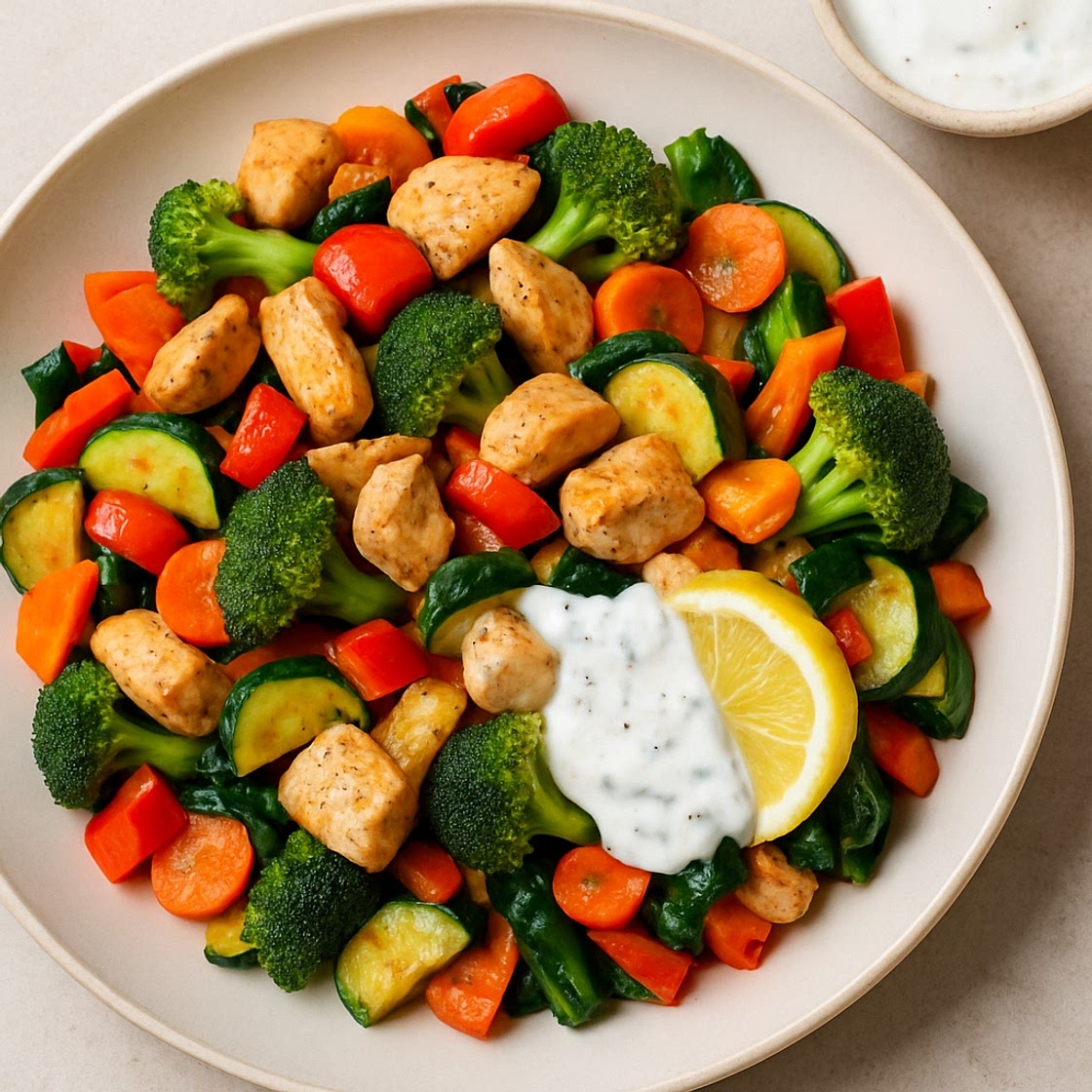 Gemüse Pfanne mit Poulet und Zitronen Joghurt Sauce