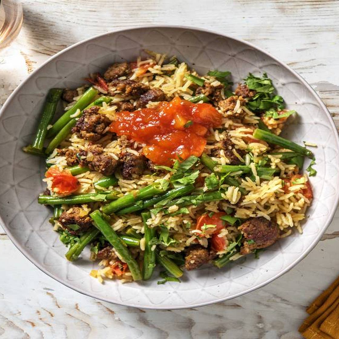 Aromatic Beef Pilaf with Tomatoes and Green Beans