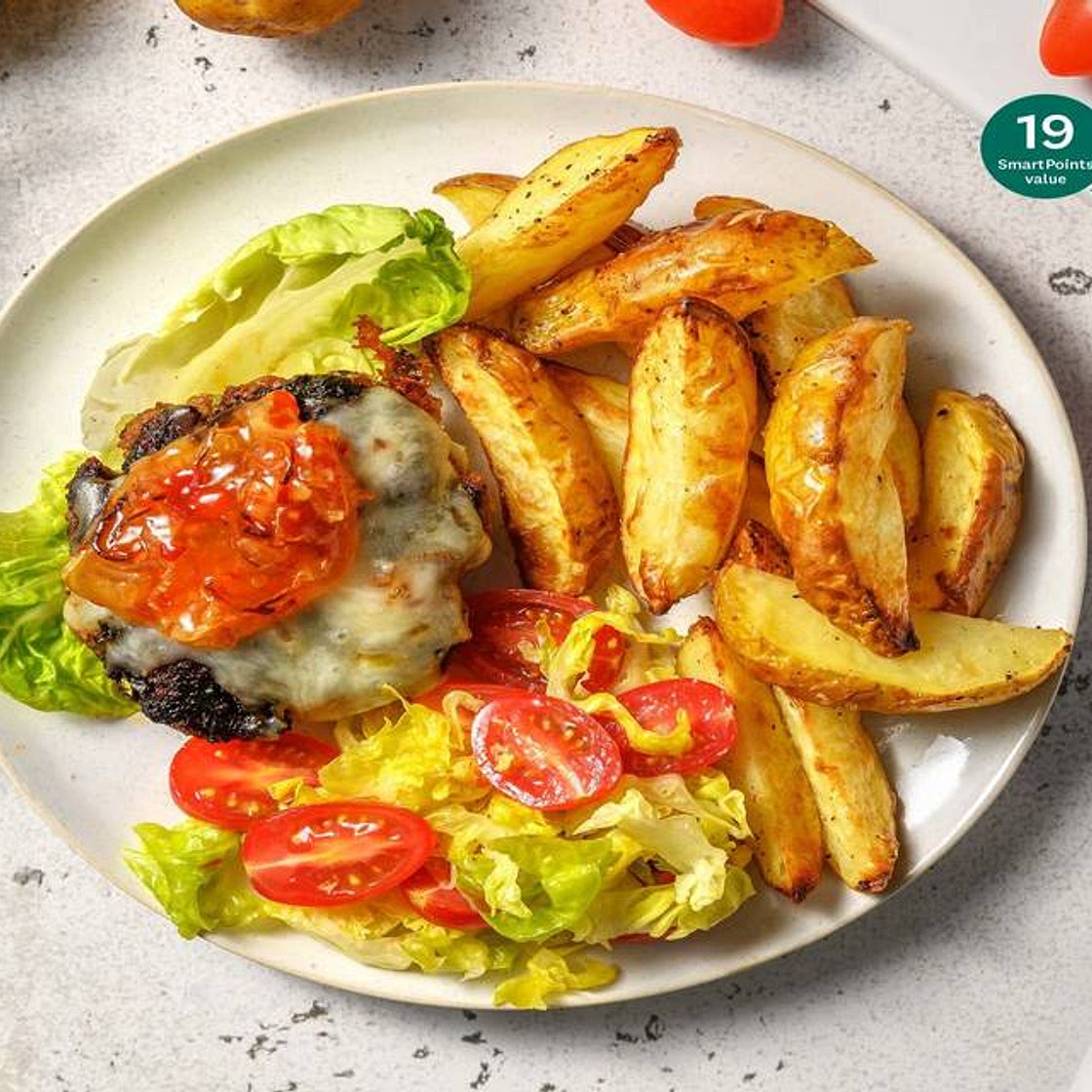 Cheesy Mexican Spiced Naked Burger with Wedges, Baby Gem Salad and Shallot Relish