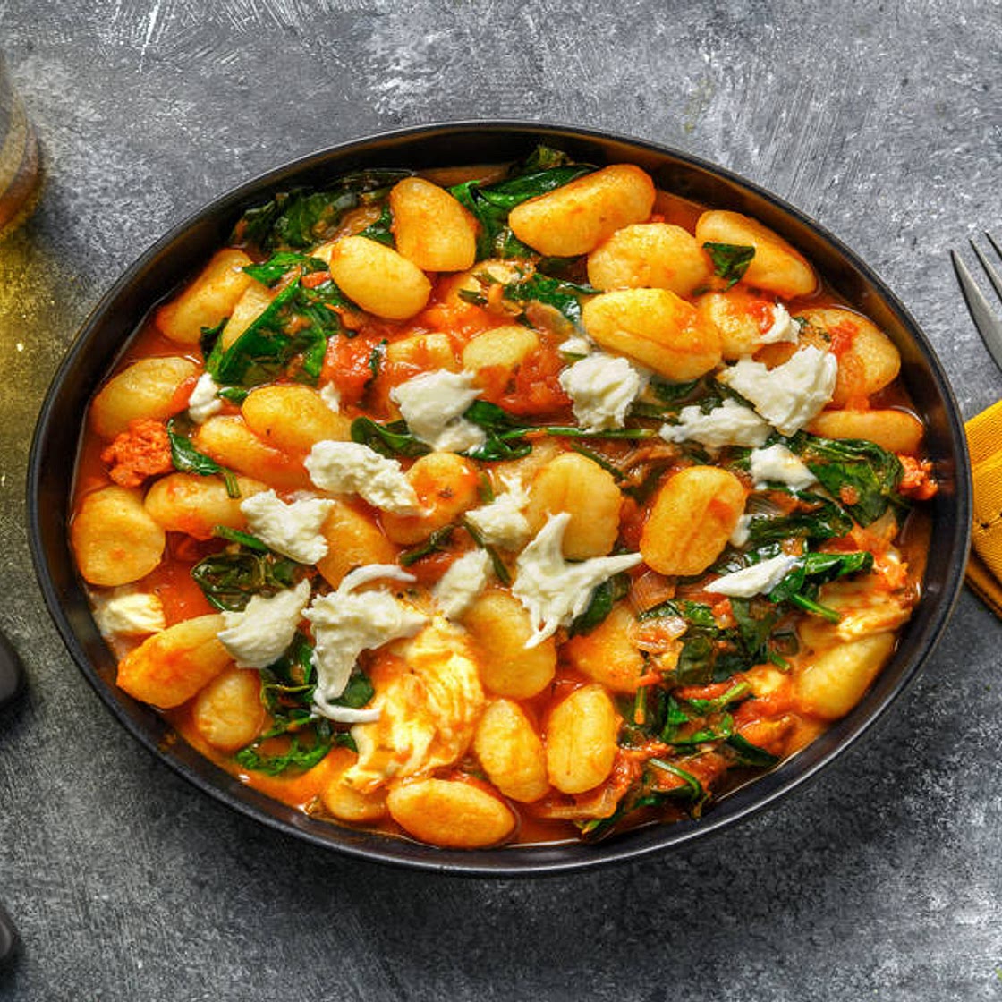 Chorizo and Mozzarella Gnocchi with Tomato Sauce and Spinach