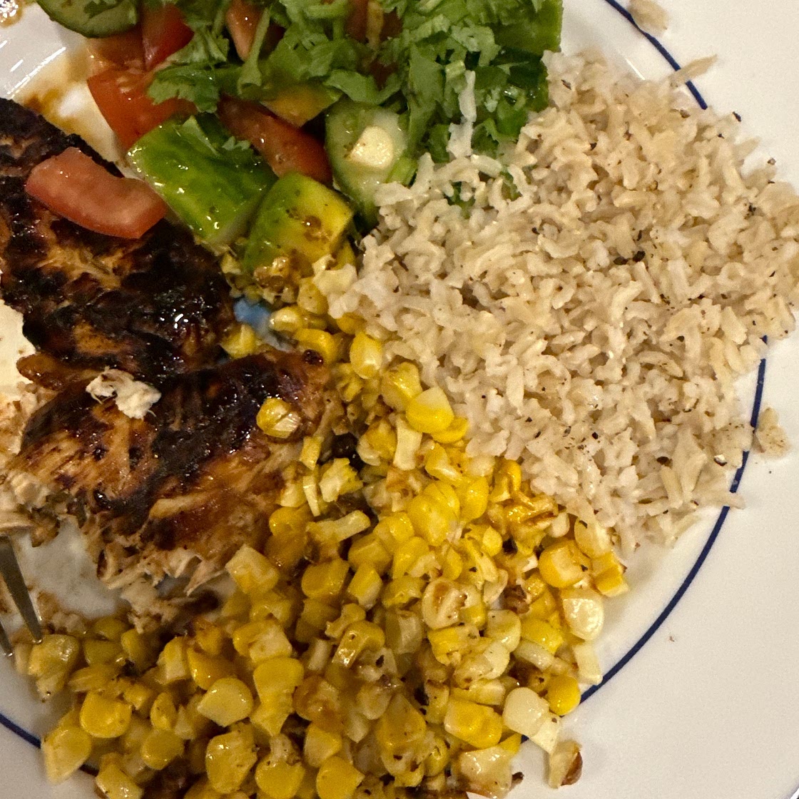 Caribbean chicken with grilled corn salad