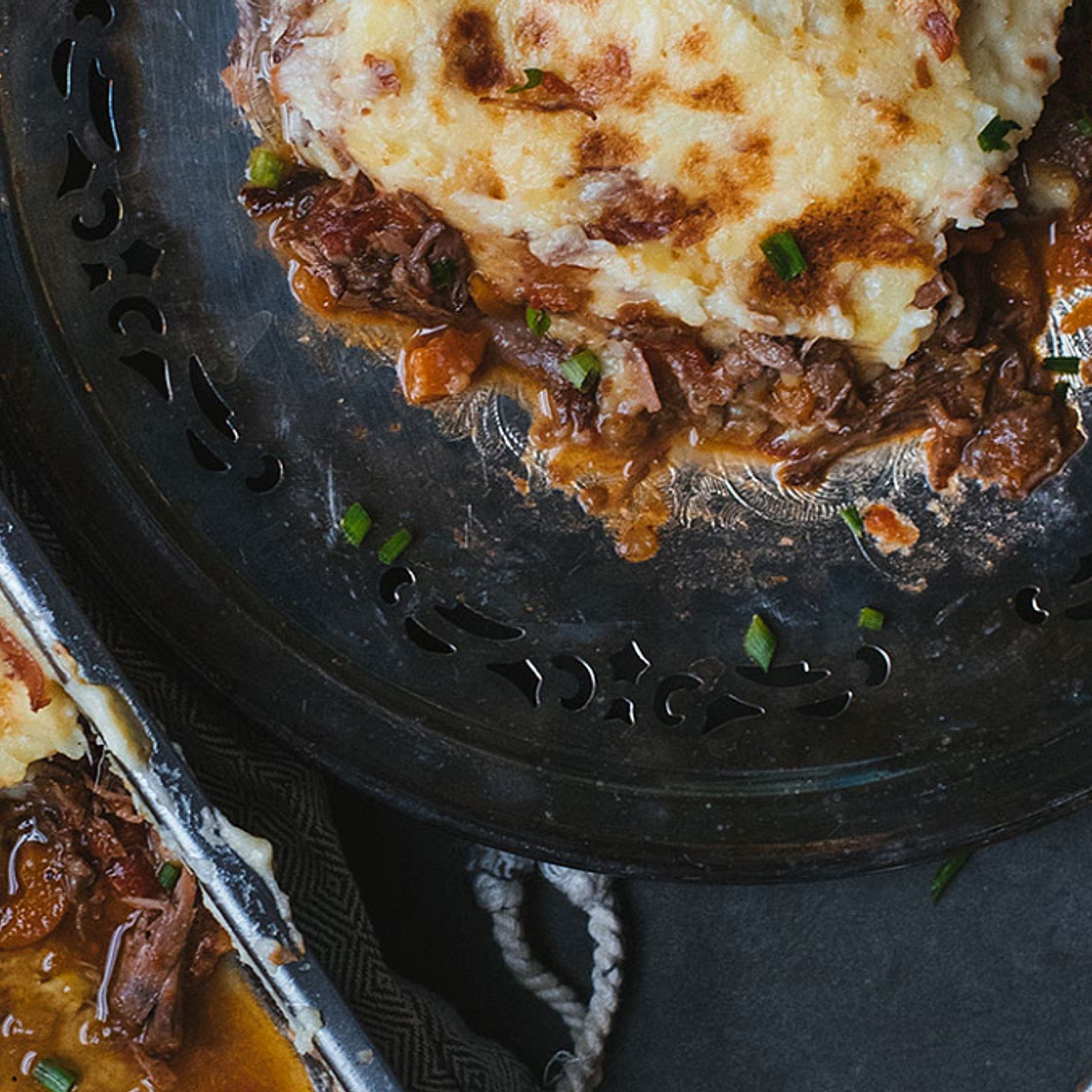 Parmentier avec boeuf braisé au vin rouge