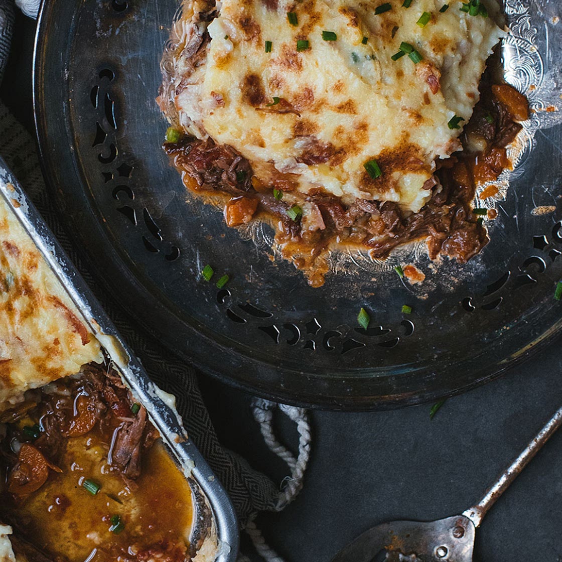 Parmentier avec boeuf braisé au vin rouge