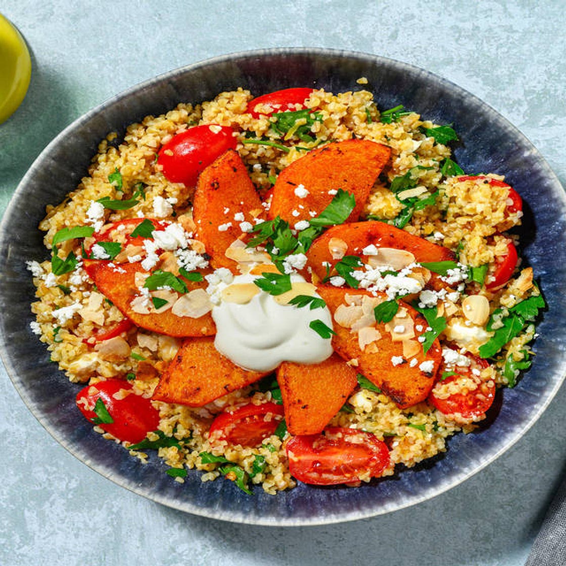 Harissa Roasted Sweet Potato on Herby Tabbouleh with Greek Style Cheese, Flaked Almonds and Yoghurt