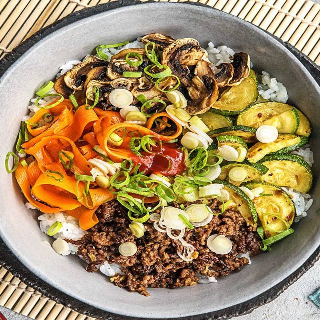 Korean Beef Bibimbap with Zucchini, Mushrooms, and Carrot